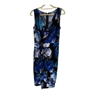 Tahari Dress Women's Size S/P/CH Ruffle blue white printed  wrap Ruched sheath